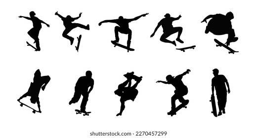 conjunto de siluetas vectoriales del patinador, color negro aislado sobre fondo blanco