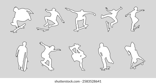 set of vector silhouettes of skateboarder, black color isolated on grey background	