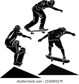 Conjunto de siluetas vectoriales de patinadores sobre fondo blanco