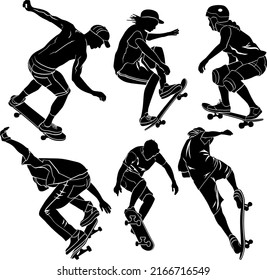 Conjunto de siluetas vectoriales de patinadores sobre fondo blanco