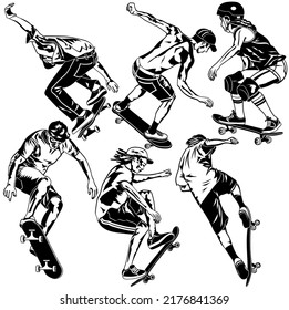 Conjunto de siluetas vectoriales de patinadores sobre fondo blanco