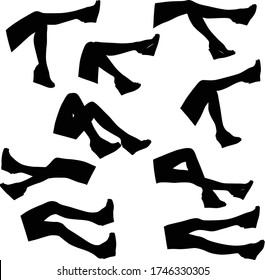 Satz von Vektorsilhouetten von schlanken weiblichen Beinen in Schuhen auf einer Plattform isoliert auf einem weißen Hintergrund