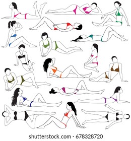 Set of vector silhouettes of slim beautiful woman laying in bikini. Detailed contours of girl  in bikini.
