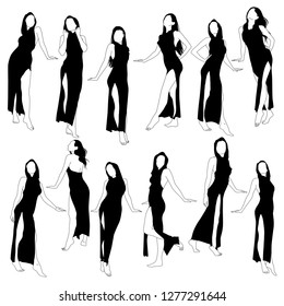 Set of vector silhouettes of slim girl with long hair. Icons of girls in dress with hood.