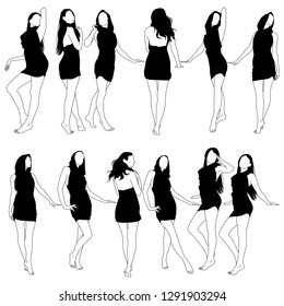 Set of vector silhouettes of slim girls in short dresses isolated on white background. Icons of beautiful girls