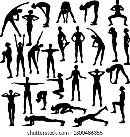 Set of vector silhouettes of slim girls doing warm-up isolated on white background. Black icons of women doing sports exercises, stretch.