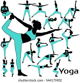 Set of vector silhouettes of slim woman in colored costume stretching her body and practicing yoga exercises for legs. 