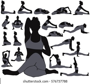 Set of vector silhouettes of slim woman in costume stretching her legs and spine in different yoga poses. Shapes of girl practicing yoga exercises to make her body flexible and healthy. 