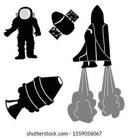 Set of vector silhouettes of space objects. Motives of space research, cosmonautics, aeronautics, astronaut, flight in cosmos, mission to planets and Moon, modern technology