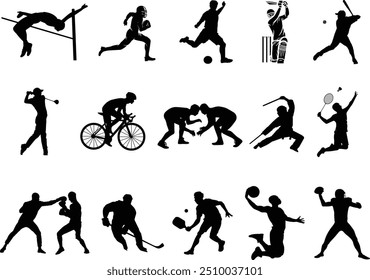 Set von Vektor Silhouetten des Sports. Sport Silhouetten. Sport-Symbol. Fancy Games Vektor Silhouetten. Action Sport Silhouette. Cricket, Fußball, Fußball, Baseball, Hockey und Rugby Silhouette.