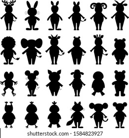 Set of vector silhouettes of stylized cute wild and domestic animals and birds in cartoon style