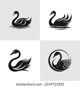 Conjunto de siluetas vectoriales del diseño vectorial de los cisnes de natación. Cisne con anidamiento. Juego de iconos Swan silhouette.swan