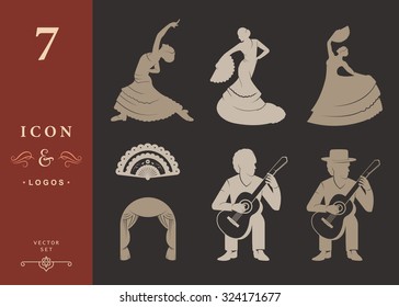 Set of vector silhouettes and templates of flamenco on isolated background. Collection Icons of traditional Spanish dance. Signs of dancers, guitarists and Fan