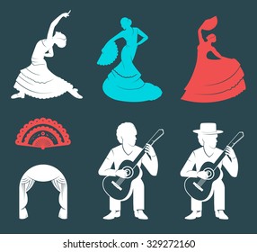 Set of vector silhouettes and templates of flamenco isolated on a white background. Collection Icons of traditional Spanish dance. Signs of dancers, guitarists and Fan