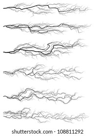 Set of vector silhouettes of thunderstorm horizontal lightning isolated on white.