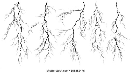 Set of vector silhouettes of thunderstorm lightning isolated on white.