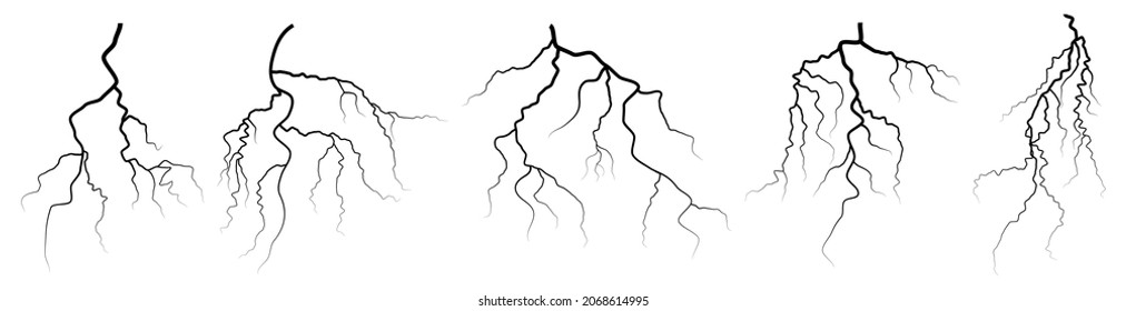 Set of vector silhouettes of thunderstorm lightning. Vector illustration  isolated on white