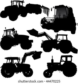 Conjunto de siluetas vectoriales de tractor y combinación