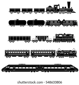 Set of vector silhouettes of trains, locomotives and rail cars of various