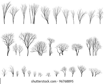 Set of vector silhouettes of trees and bushes without leaves during the winter or spring period.