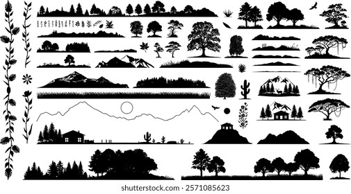 Set Vector Silhouettes - Trees Plants Mountains Mountains and Glaciers - Design Elements - Mountain ranges, hills and forests