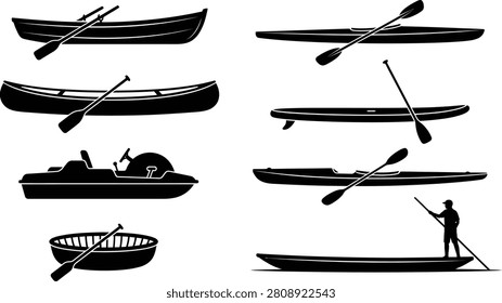 A set of vector silhouettes of various boats, kayaks, and paddleboards for water sports and recreation