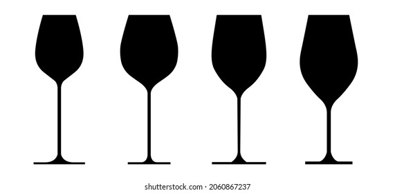 A set of vector silhouettes of various wine glasses. A collection of black insulated wine glasses.
