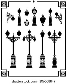 A set of vector silhouettes of vintage street lamps