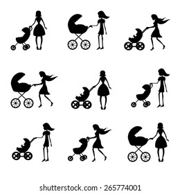 Set of vector silhouettes walking women with baby strollers. On isolated white background