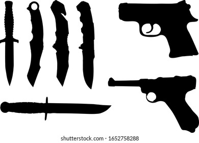 Conjunto de siluetas vectoriales de armas. La foto muestra cuchillos y pistolas. Siluetas monocromas