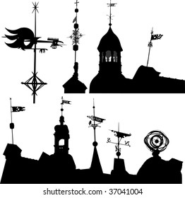 Set of vector silhouettes of weather vanes and turrets