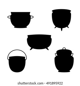 Set of vector silhouettes of witches pot on a white background. Halloween party.