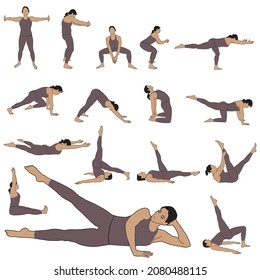 Set of vector silhouettes of woman in costume practicing yoga exercises. Colored illustrations of girl doing fitness workout. 