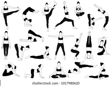 Set of vector silhouettes of woman doing yoga exercises.  Icons of flexible girl in costume stretching her body in different yoga poses. Black shapes of woman isolated on white background.