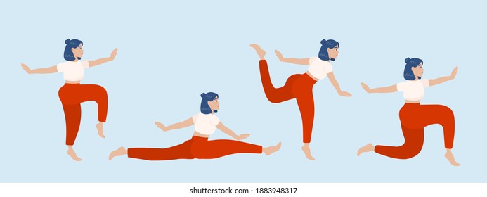 Set of vector silhouettes of woman doing yoga exercises. Colored icons of a girl in many different yoga poses isolated on pink background. Yoga complex. Fitness workout.