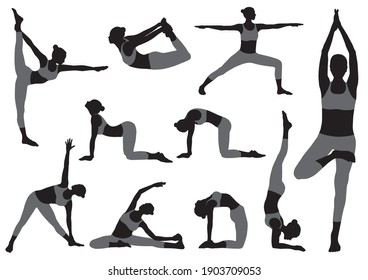 Set Of Vector Silhouettes Of Woman Doing Yoga Exercises. Monochrome Icons Of Various Yoga Positions Isolated On a White Background.