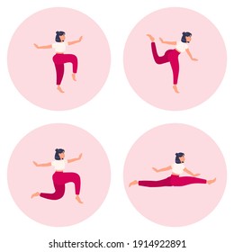 Set of vector silhouettes of woman doing yoga exercises. Colored icons of a girl in many different yoga poses isolated on pink background. Yoga complex. Fitness workout.