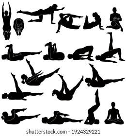 Conjunto de siluetas vectoriales de mujeres haciendo yoga y ejercicios de fitness. Formas de chica delgada con diferentes poses de fitness. Iconos de yoga para el concepto de vida saludable.