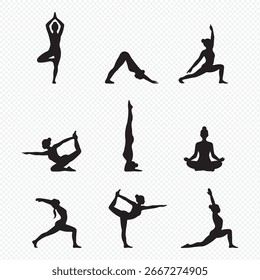 Set of vector silhouettes of woman doing yoga exercises. Icons of flexible girl stretching her body in different yoga poses. Black shapes of woman isolated on white background svg