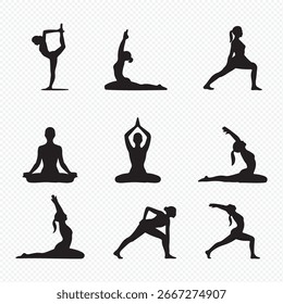 Set of vector silhouettes of woman doing yoga exercises. Icons of flexible girl stretching her body in different yoga poses. Black shapes of woman isolated on white background svg