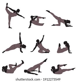 Set of vector silhouettes of woman practicing yoga and fitness. Shapes of slim girl in costume doing yoga exercises in different poses isolated on white background. Yoga icons.