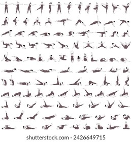 Set of vector silhouettes of woman practicing yoga and fitness exercises. Contours of slim girl in sportive costume working out in different poses isolated on white background. 