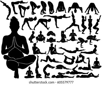 Set of vector silhouettes of woman practicing yoga. Black icons of girl doing exercises to her body strong, flexible and healthy.