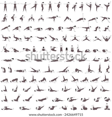 Set of vector silhouettes of woman practicing yoga and fitness exercises. Contours of slim girl in sportive costume working out in different poses isolated on white background. 