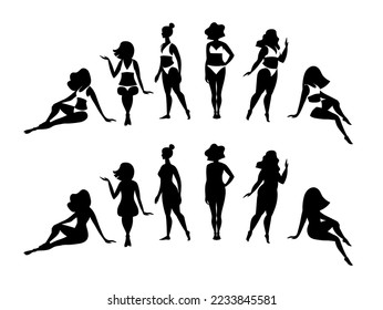 Un conjunto de siluetas vectoriales de mujeres en diferentes posiciones en trajes de baño y ropa interior. Modelos de chicas sentadas y de pie, pinturas de dibujos negras planos para el salón de belleza.