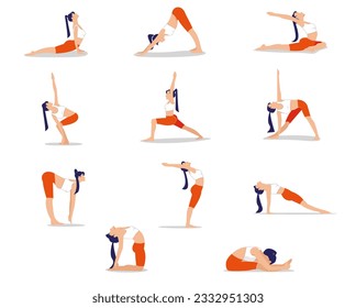 set of vector silhouettes of women doing yoga in orange colors. Colored icons of a girl in different yoga poses isolated on a white background. Yoga complex. Fitness workout.