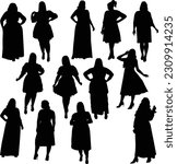 
Set of vector silhouettes of women plus size in different poses isolated on white background