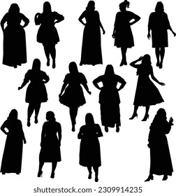 
Set of vector silhouettes of women plus size in different poses isolated on white background