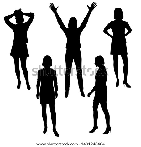 Set vector silhouettes of women in various poses, hands raised up, business suit,  group people, black color, isolated on white background