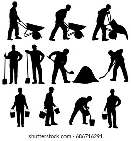 Set of vector silhouettes of worker with barrow, shovel and bucket. Icons of man in costume and helmet of builder working in different poses isolated on white background.